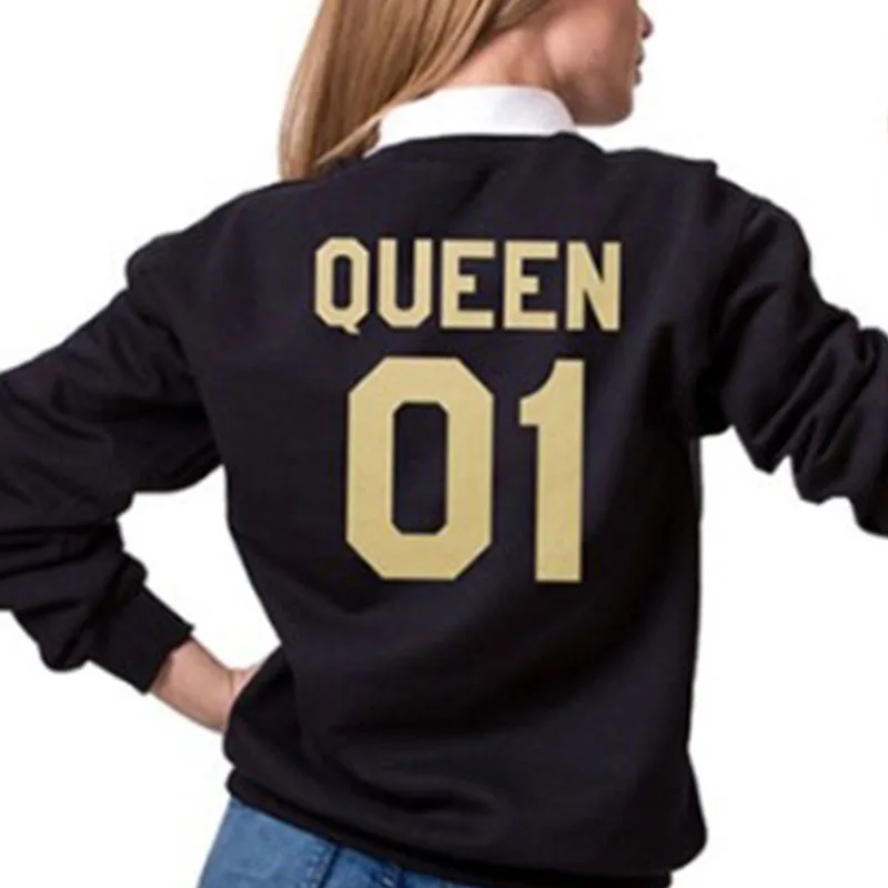 1 Pcs New Casual Hot Selling Popular Style Couple Golden English Letter King Queen Couple Sweatshirts Top For Lovers Polyester