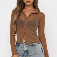 female shirt solid color turn down collar long sleeve tops see through blouse for adults women black brown