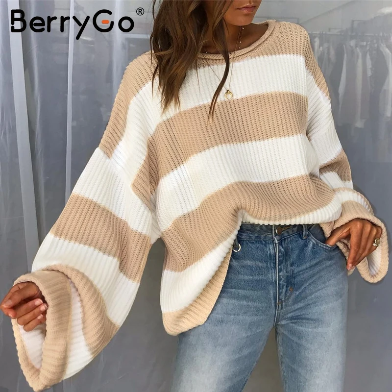 BerryGo Casual striped knitted sweater women O neck thick pullover female jumper Loose soft streetwear wool winter | Женская одежда