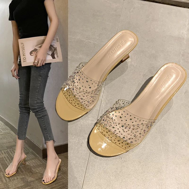 

2020 PVC Jelly Sandals Women Crystal Peep Toe High Heels shoes Crystal Transparent Heel Sandals Slippers Pumps Women Shoes35-42