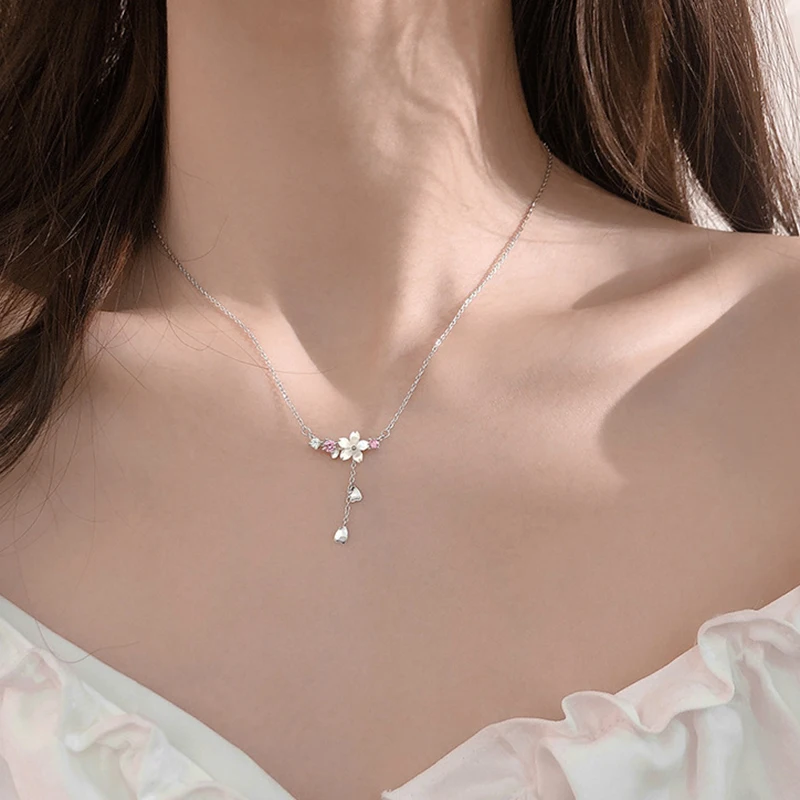 

AIDE Real 925 Sterling Silver Necklace Simple Shell Pink Cherry Tassel Necklace Temperament Flower Wild Sweater Round Necklaces