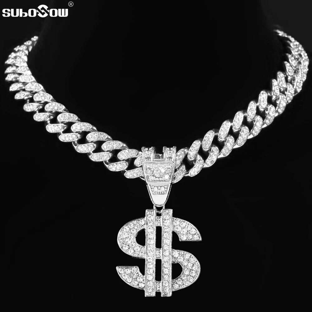 

Bling Rhinestone Dollar Pendant Necklace For Men Silver Color Iced out 13mm Cuban Chain Choker Necklaces Hiphop Rap Rock Jewelry