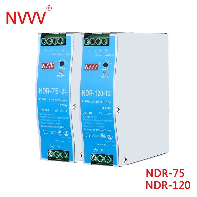 

NVVV NDR Series Ultra-Thin Din Rail Switching Power Supply 12V 24V Power Supply 75W 120W 240W 110/220v AC-DC Voltage Stabilizer