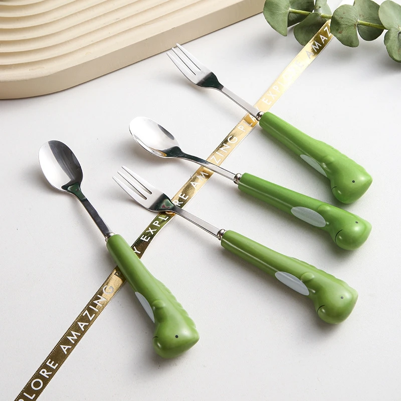 

304 Stainless Steel Dessert Coffee Spoon Ceramic Dinosaur Handle Household Tea Fruit Spoons Fork Children Fooding Utensils