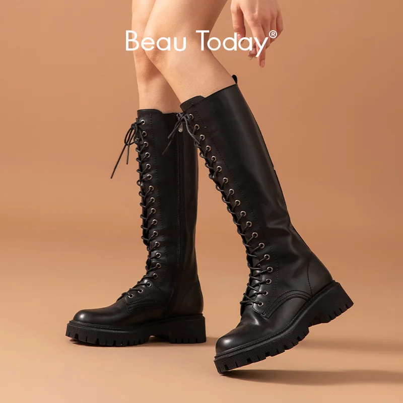 

BeauToday Long Boots Women Cow Leather Round Toe Metal Eyelets Knight Boots Side Zip Cross Tied Lady Knee High Shoes 01529