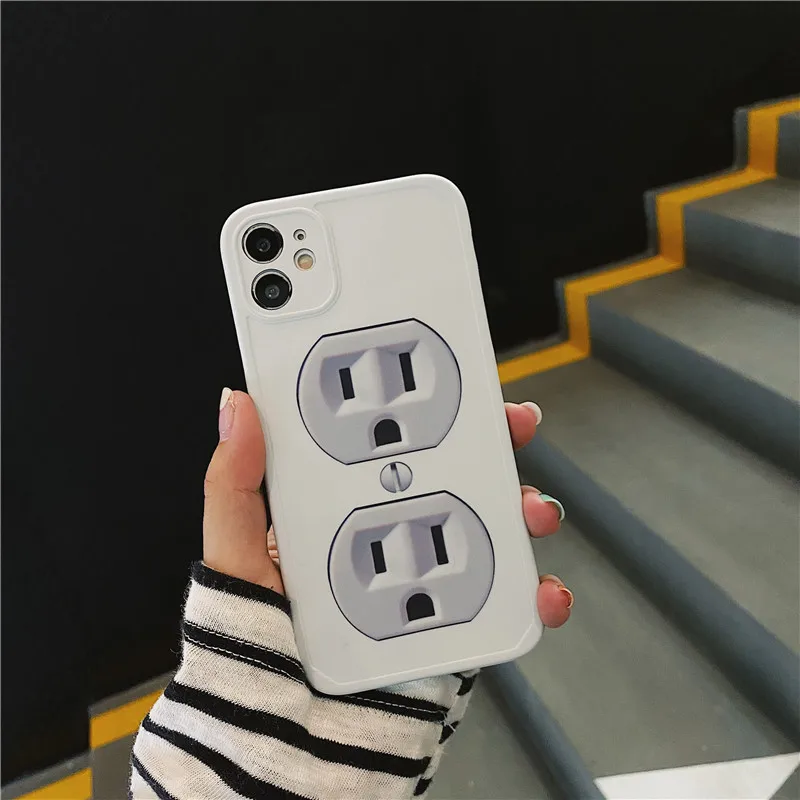 

Soft Phone Case For Iphone 12 mini 11 Pro max X Xs Max Xr 8 7 Plus SE 2020 fun 2D simulation Power Socket Silicone Phone Cove