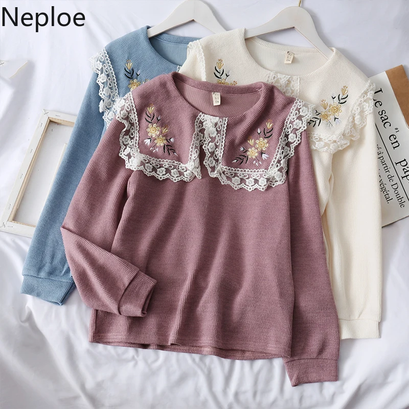 Neploe ретро-кукла воротник кружево лоскутное вышивка цветок вязаный свитер