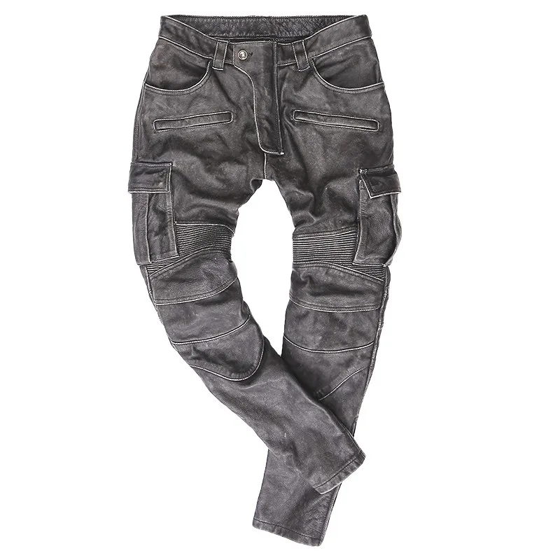 

Genuine Vintage Moto Biker Leather Pants Mens Multiple Pockets Cargo Pants High Quality Winter Cowhide Casual Straight Trousers