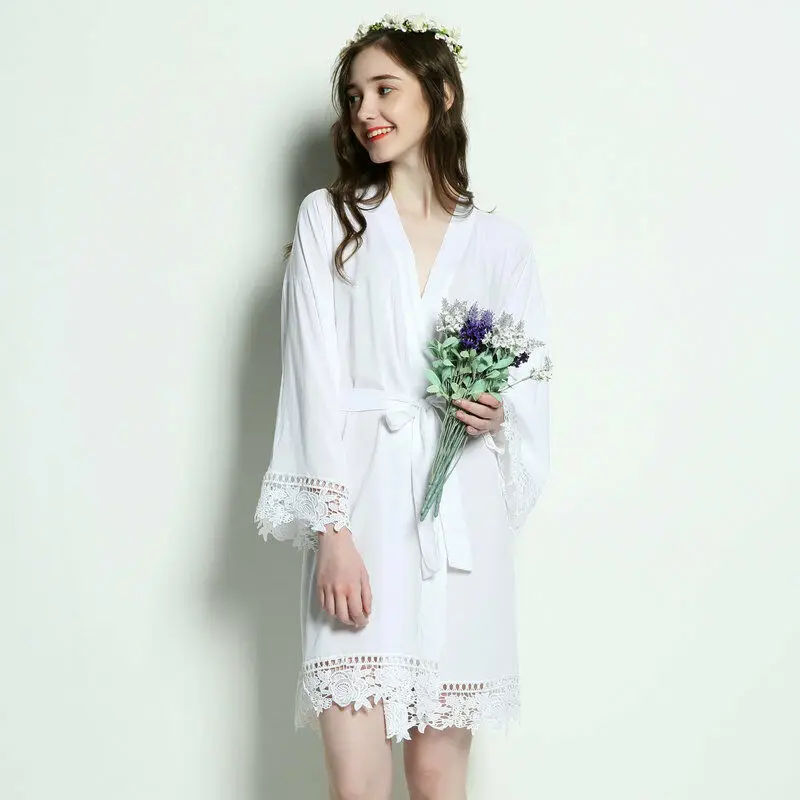 Rayon Cotton  Lace trim Robe Bride Robe Bridesmaid Robes Bridal Wedding Robe Sleepwear Bathrobe Dressing Gown White women Robes