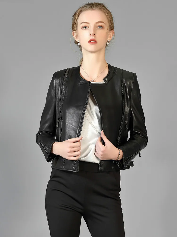 Spring 2020 New Women's Autumn Real Genuine Leather Women Short Motorcycle Jacket Slim Fit V26206 KJ5528