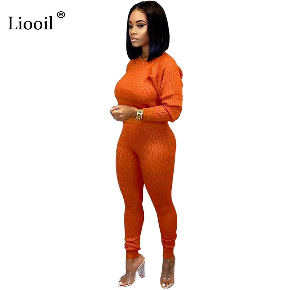 Liooil, вязаный комплект из двух предметов, свитер, топ и штаны, с длинным рукавом, с круглым вырезом, облегающие, вечерние, для ночного клуба, наряды для женщин, подходящие комплекты