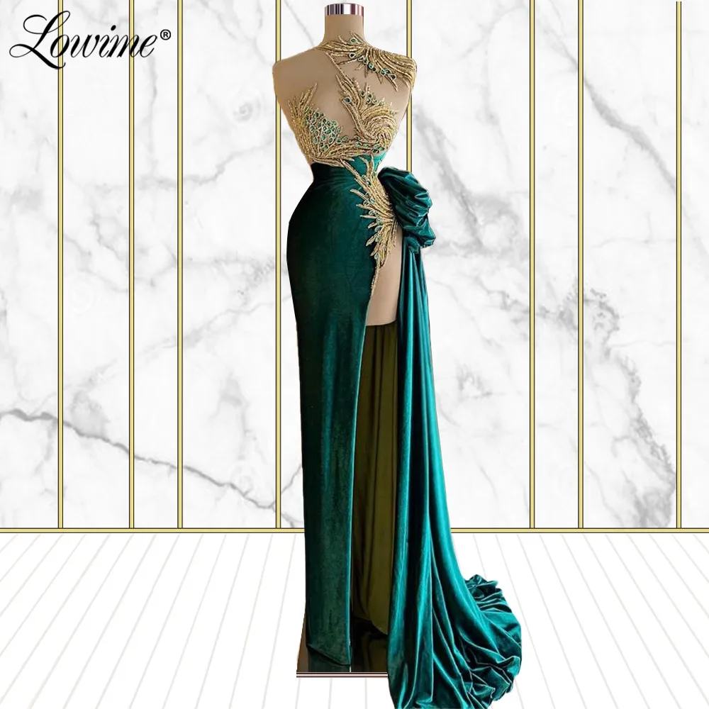 

Lowime Beading Crystals Green Evening Dress Long Prom Dresses 2021 High Split Side Custom Made Plus Size Dubai Arabic Party Gown