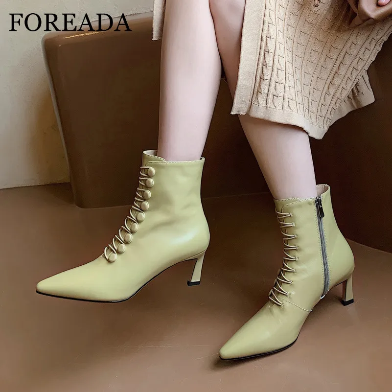 

FOREADA Real Leather Woman Boots High Heel Ankle Boots Cross Tied Thin Heel Short Boots Zip Pointed Toe Lady Shoes Beige Yellow