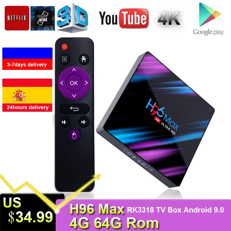 H96 MAX RK3318 tv box smart Android 9 0 4 Гб 64 медиаплеер 4K Google Voice compte netflix Youtube PK s905x3 Smart