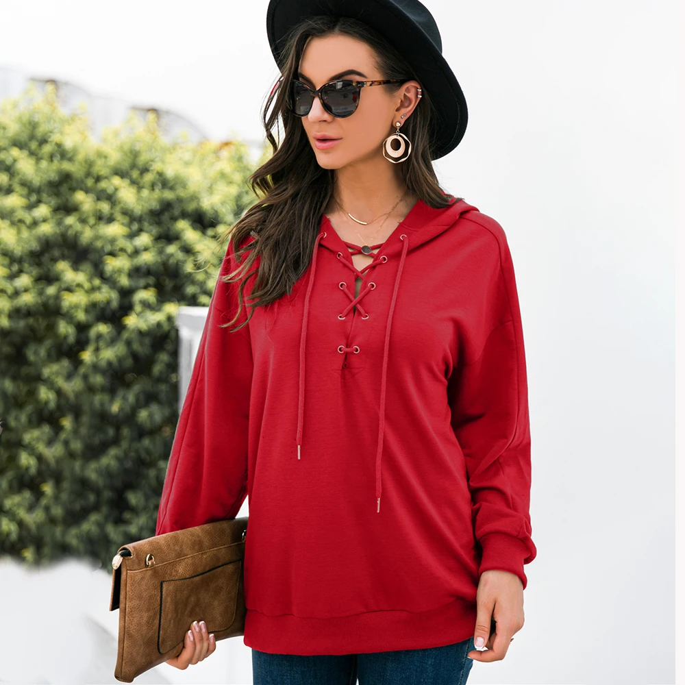 

Повседневные толстовки, пуловер, Женская Осенняя свободная толстовка с капюшоном, модный красный черный топ на шнуровке, Осень-зима 2021, толс...