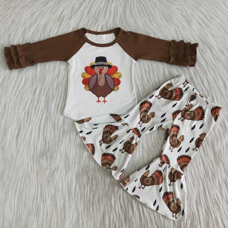 

Adorable Baby Girls Fall Clothing Set Brown Color Icing Sleeve Turkey Shirt Bell Bottom Pants Boutique Thanksgiving Outfit