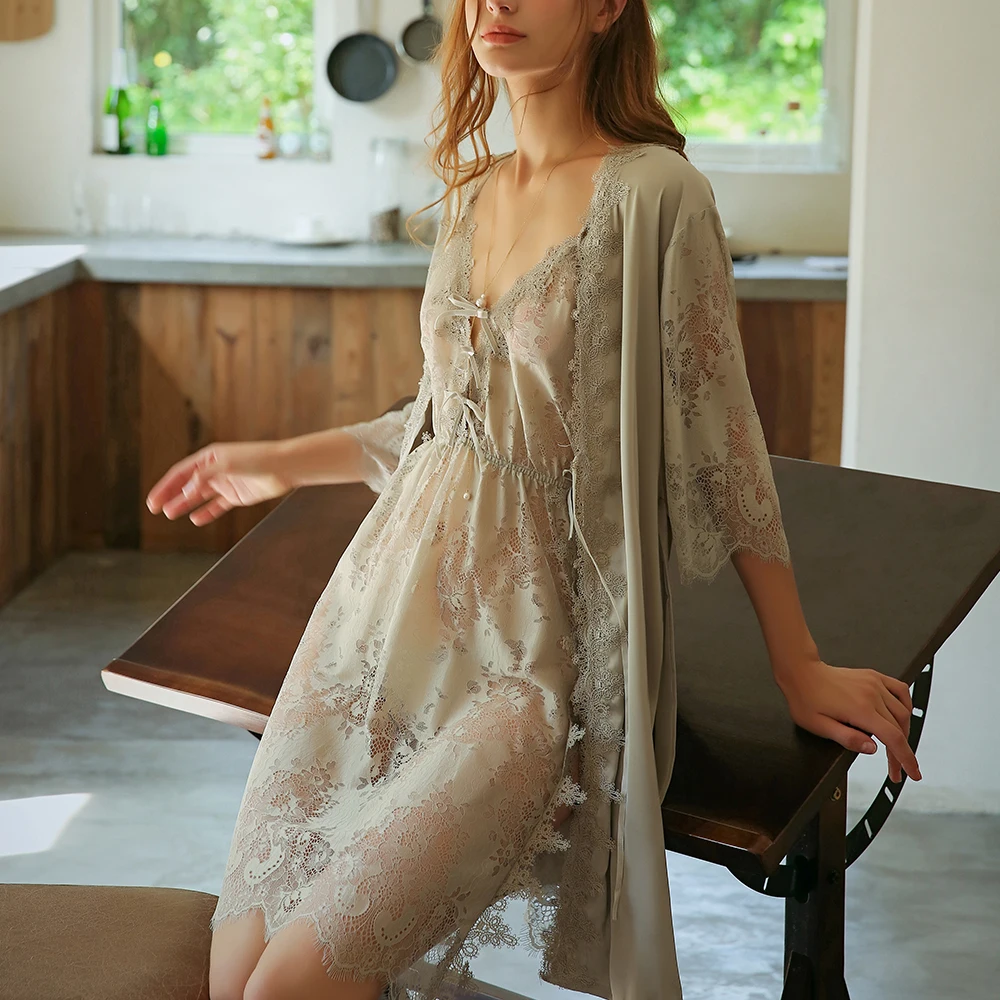 

French Elegant Lingerie Sexy Sling Lace Silk Nightgown Temptation Bride Bathrobe Morning Robe Gown Waistband Household Clothes