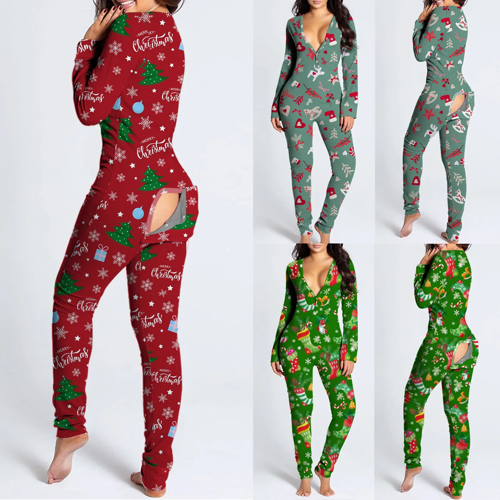 

Sexy Pyjama Women's Christmas Print V-Neck Jumpsuit Onesies Button-Down Front Back Butt Bum Flap Jumpsuits Loungewear Pajamas