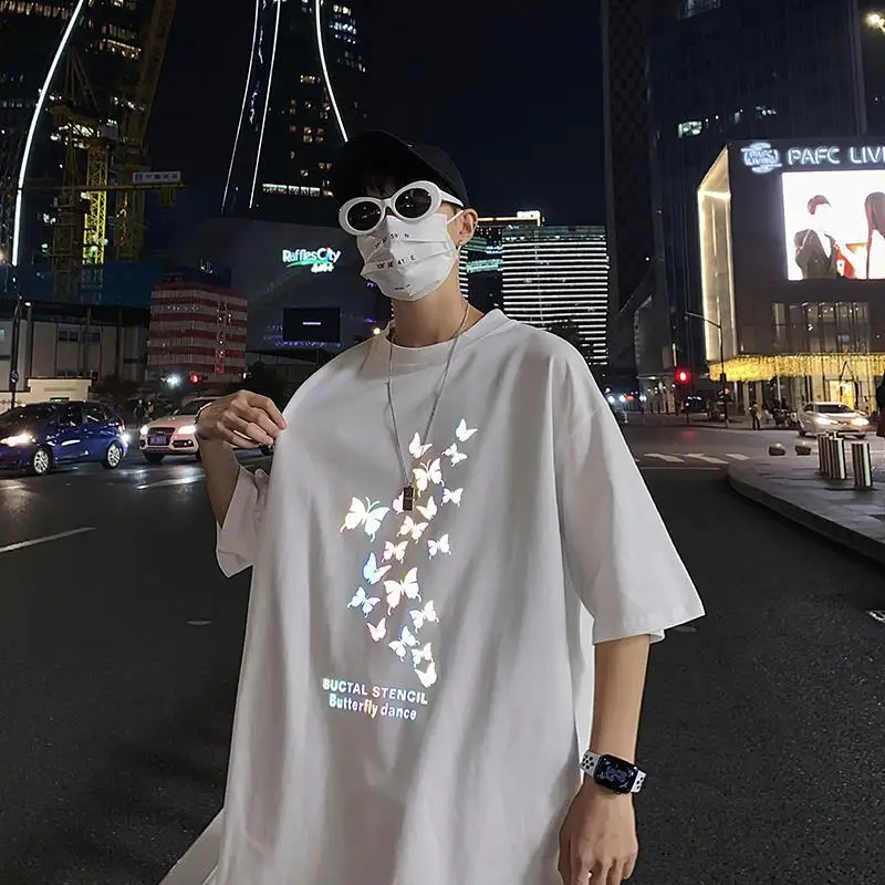 

Cotton Reflective Butterfly T Shirt Streetwear Loose Fashion TShirt Harajuku Korean Men Women Black Punk Oversized T Shirts Boy