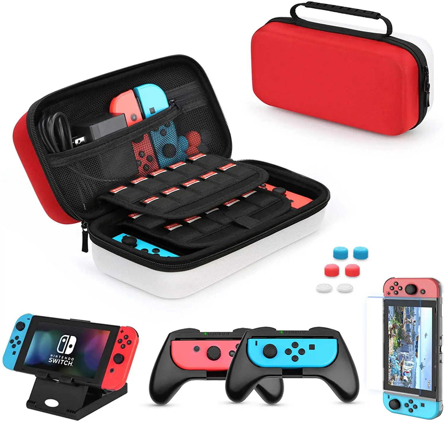 

HEYSTOP Case for Nintendo Switch, 11 in 1 Nintendo Switch Carry Case with 2 Joy-con Grips , Adjustable PlayStand, TRed/White