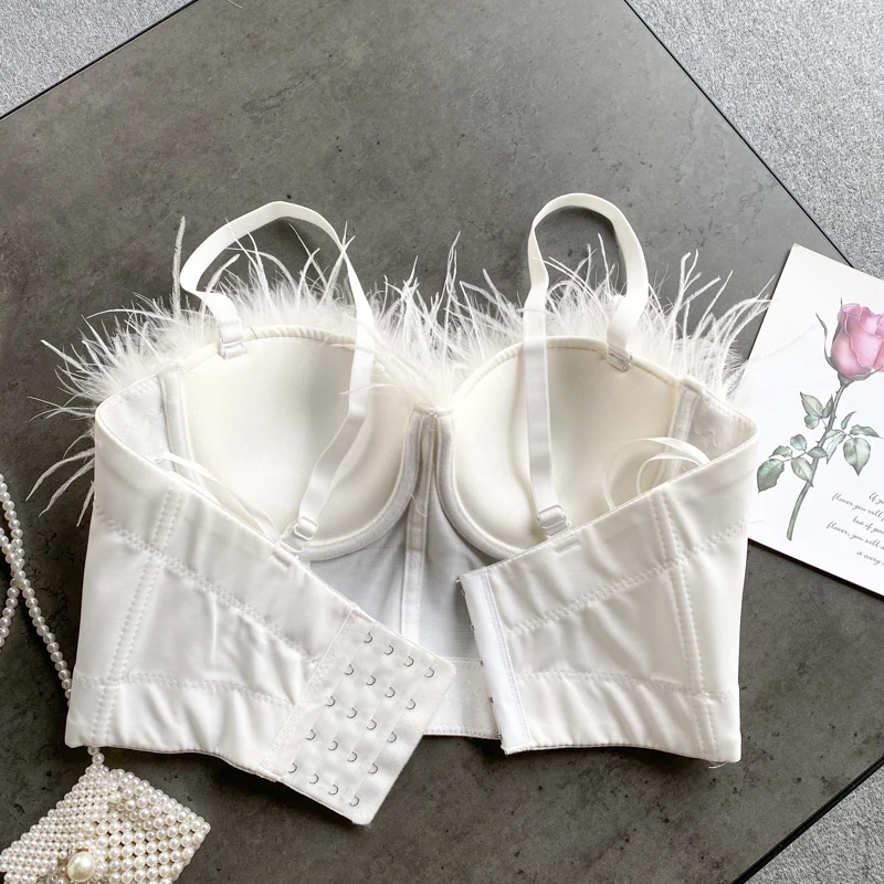 Sexy and Club Style Pearl Tassels and Fur Decorated Spaghetti Strap Top Women Short Design Bra Top TN1750