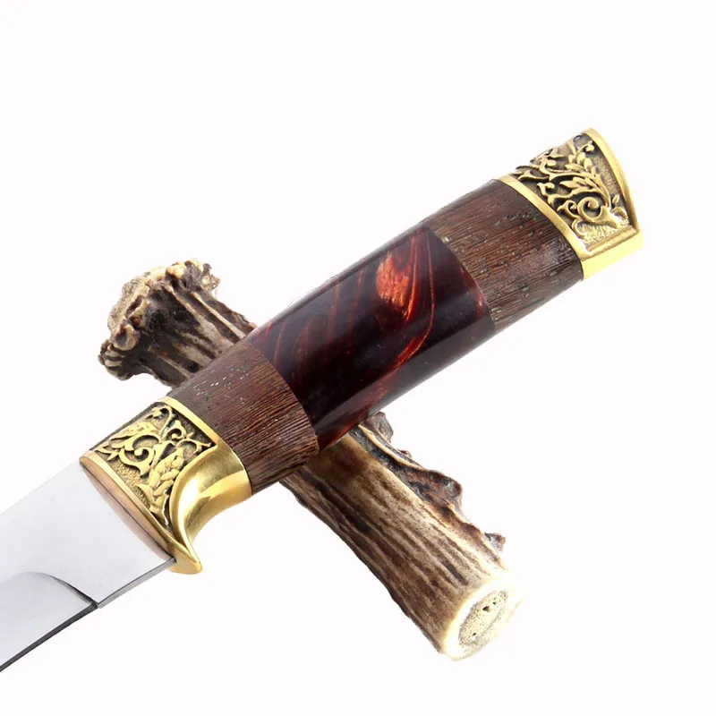 DuoClang 440c Steel Tactical Survival Fixed Blade Knife Brass+ Wenge+ Resin Handle Hunting Knives Exquisite Workmanship