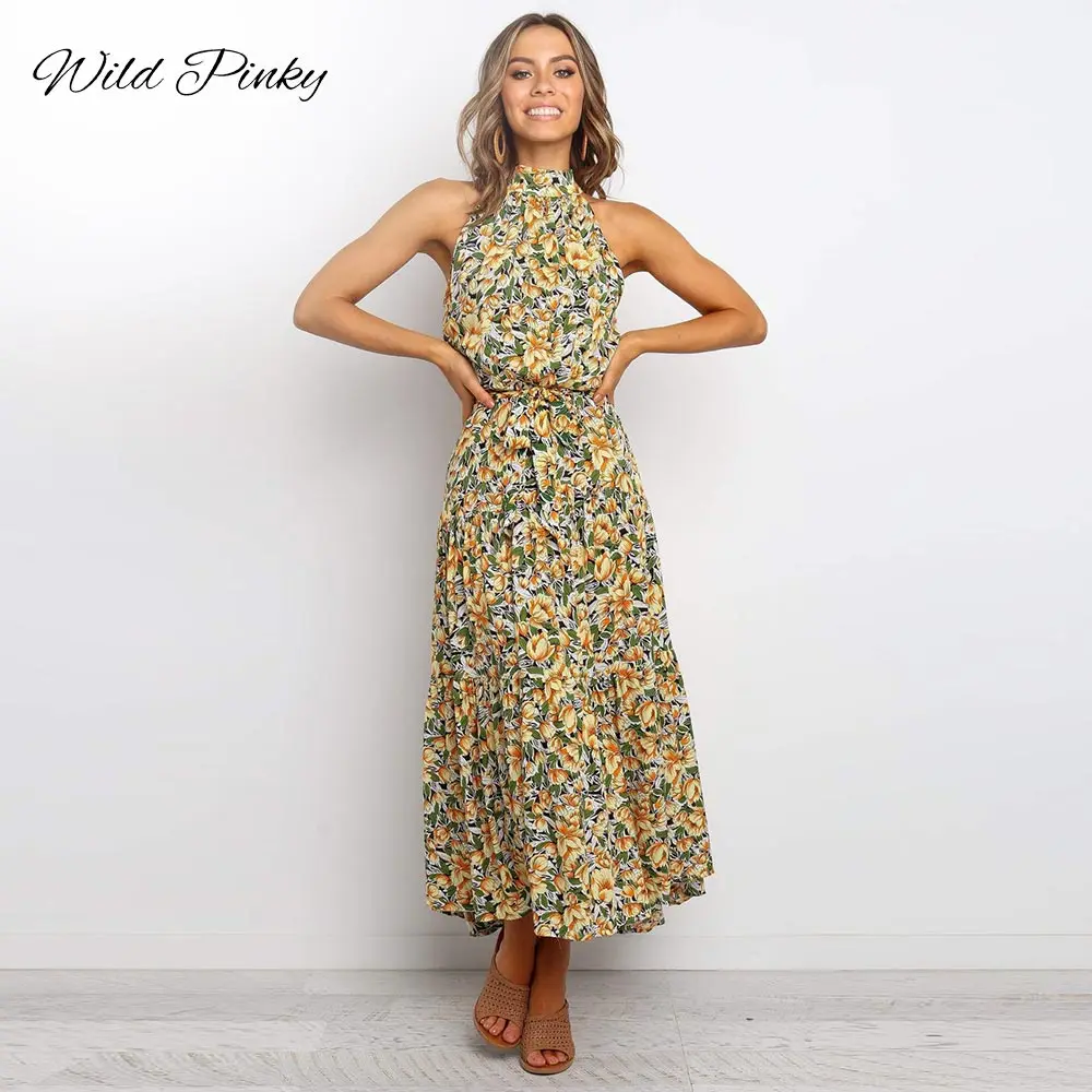 

WildPinky 2022 Summer Elegant Sexy Beach Long Dress Women Fashion Print Flowers Strap Ladies Halter Boho Dress Women Vestidos