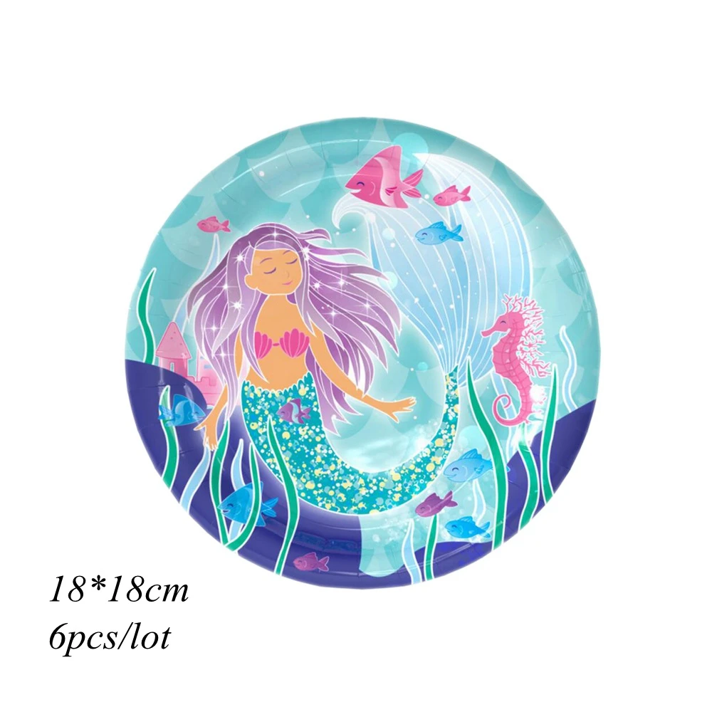 7inch plates 6pcs Серия "Русалка" одноразовый набор посуды, украшение стола, бумажные соломинки/чашки/тарелки, подарок для детей на свадьбу/День рождения/вечерние принадлежности - Цвет: 7inch plates 6pcs