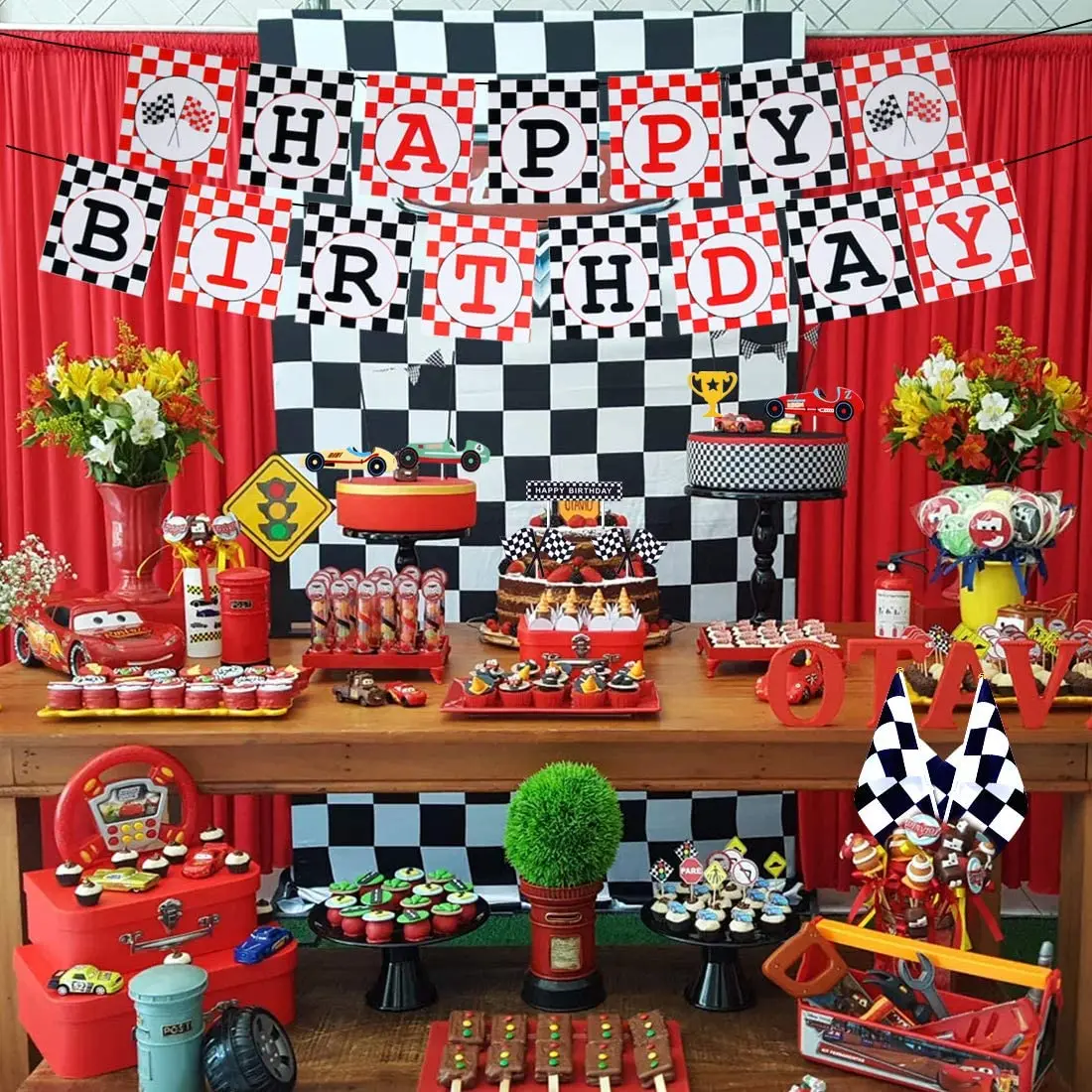 

SURSURPIRSE Race Car Party Decoration Circle Foil Balloon with Banner Flag Cupcake Topper for Birthday Baby Shower Supplies