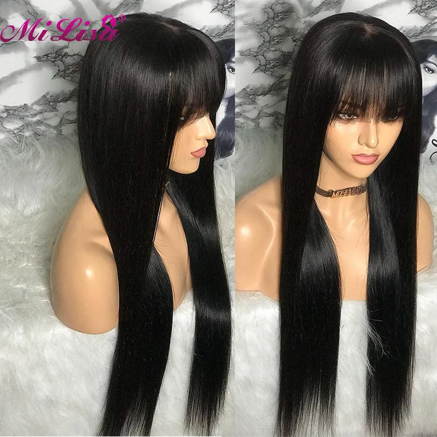 Прямые парики из человеческих волос с челкой предварительно выщипанные машинной