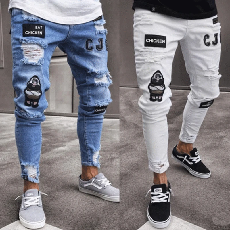 

Trendy Cartoon Letter Pattern Embroidery Jeans Men Mid Waist Slim Skinny Stretch Casual Wild Destroyed Hole Ripped Trousers