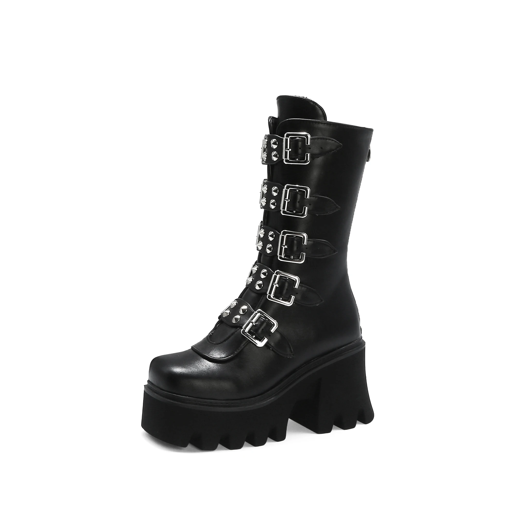 

Winter Gothic Punk Womens Platform Boots Black Buckle Strap zipper Creeper Wedges Shoes Mid Calf Military Combat Boots