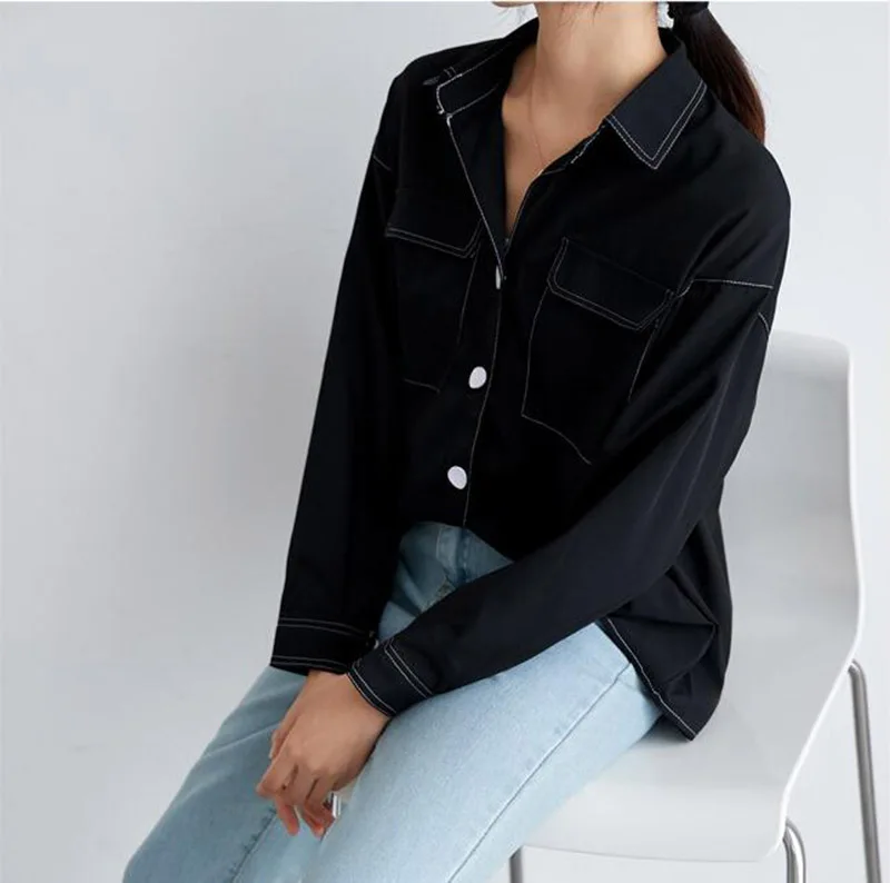 Женская свободная рубашка весна осень 2019 длинный рукав отложной воротник