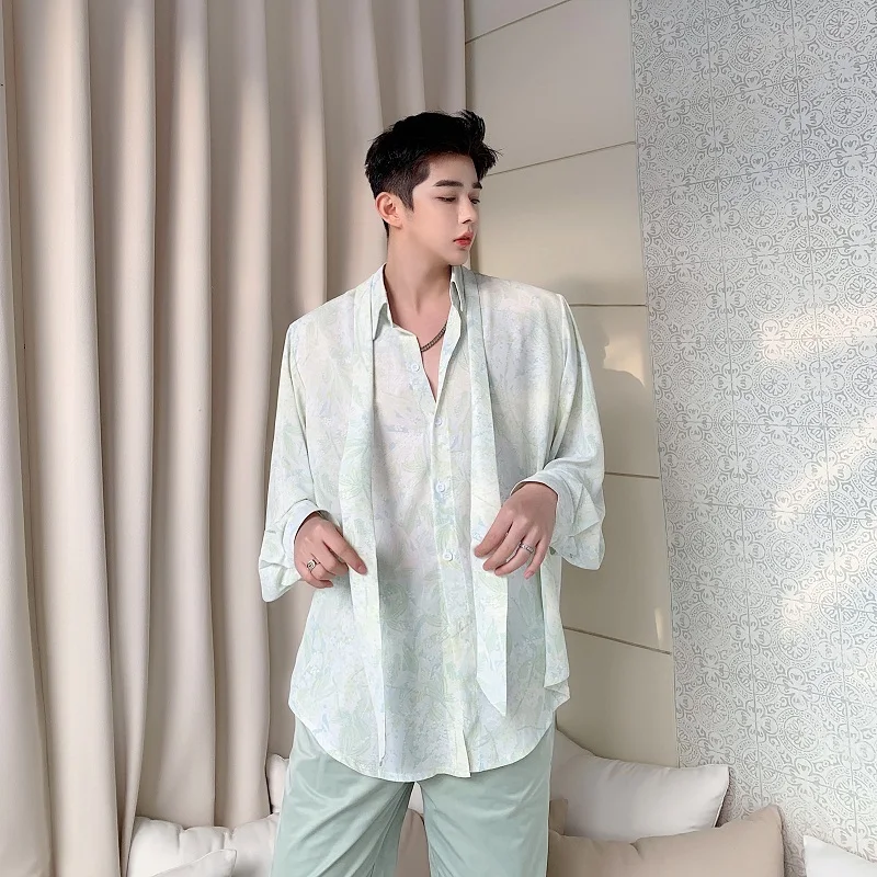Korea Style Streetwear Vintage Flower Print Fashion Show Dress Shirt Men Thin Translucent Casual Long Sleeve Shirts Bow Tie Male | Мужская