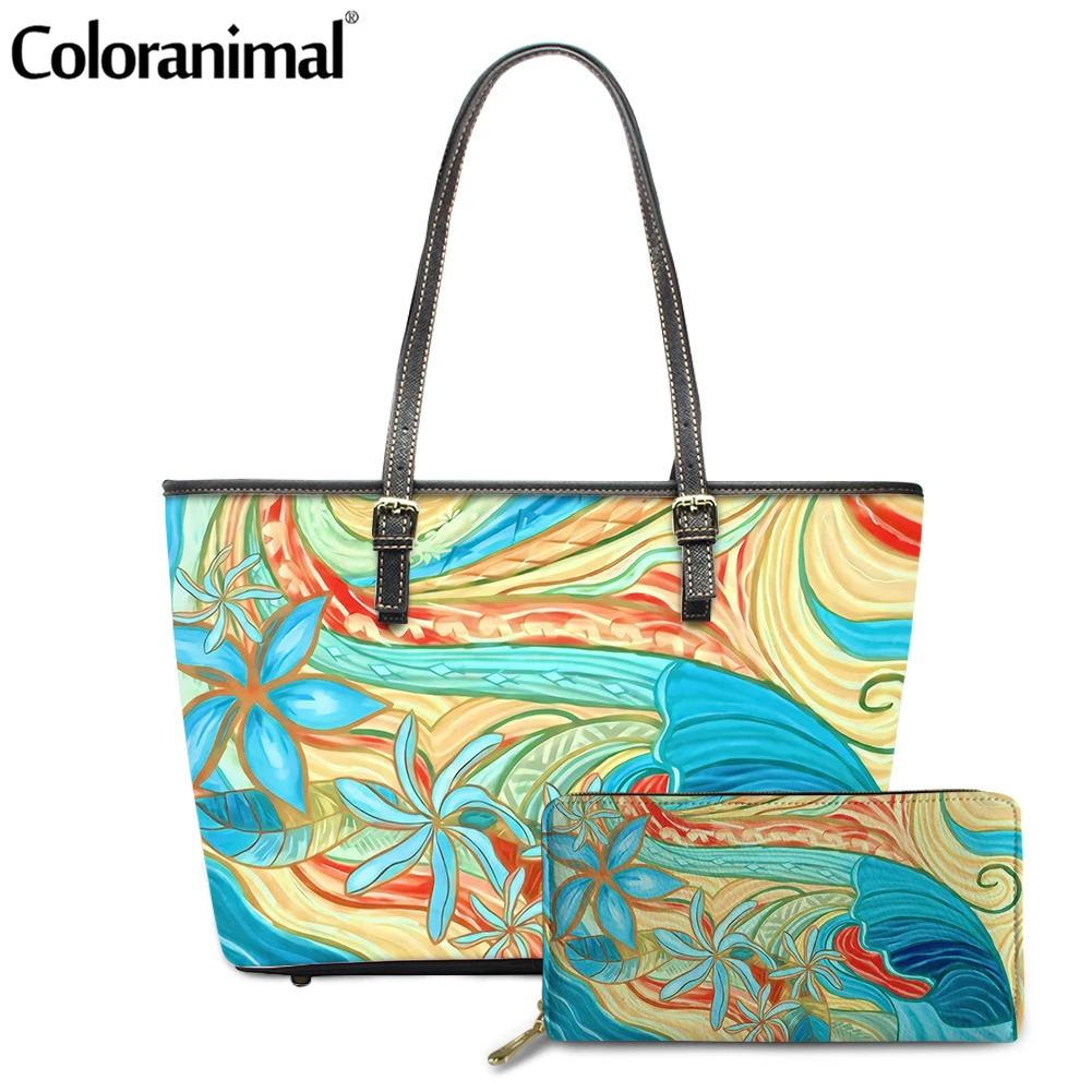 

Coloranimal Hawaiian Polynesian Plumeria Print Shoulder Bag for Women 2Pcs Handbag Set With Wallet PU Leather Quality Tote Bolsa