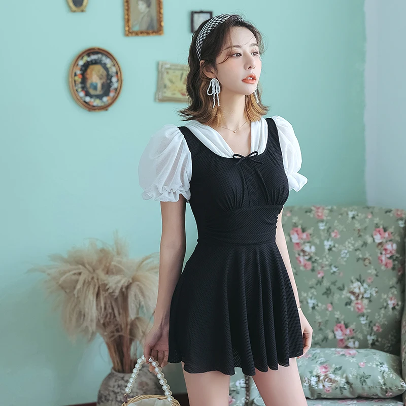

Sexy Ruffle Sleeve Swimwear Patchwork One Piece Bathsuit Push Up Beachwear Korea Style Swimdress Boyshort Monokini Bathers
