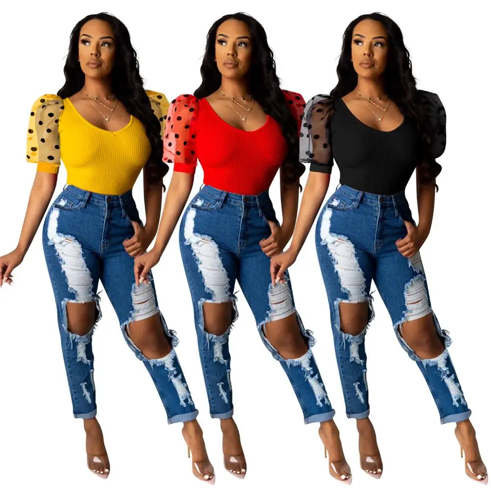 Однотонный пикантный топ в рубчик с пышными рукавами горошек прозрачная