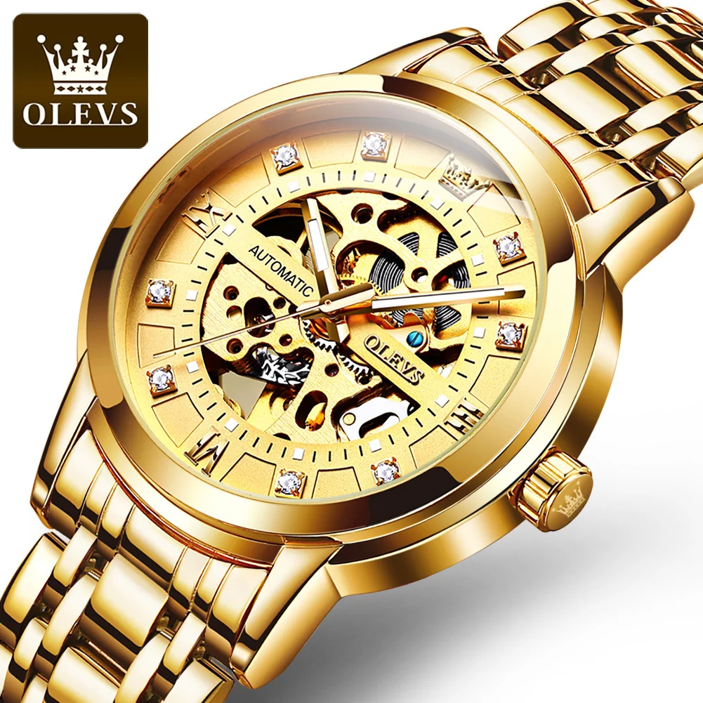 OLEVS Gold Watch Skeleton Dial Mens Watches Luxury Mechanical Watches Stainless Steel Waterproof Wrist Watch Men часы мужские