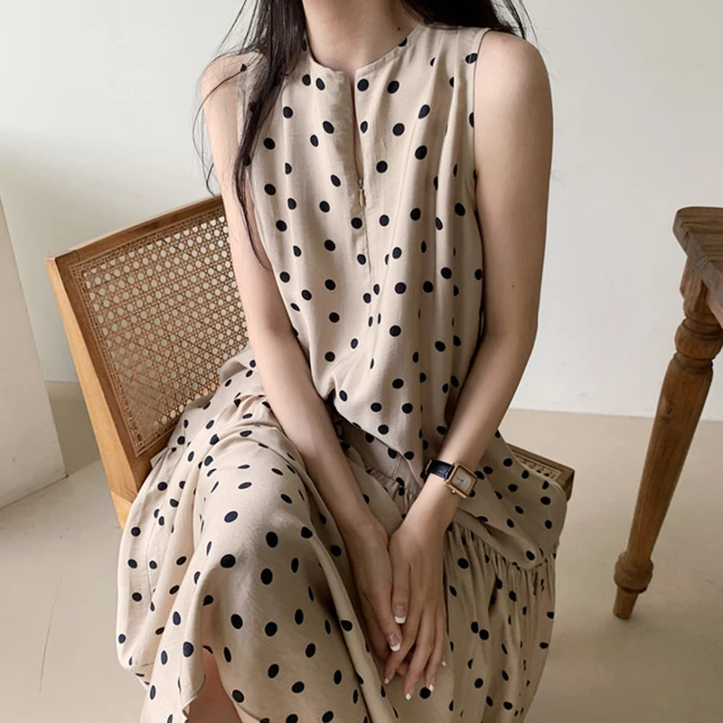 

Vintage Polk Dot Long Dress Women 2021 Summer Korean Elegant Sleeveless A-Line Midi Dresses Casual Loose Holiday Vestidos