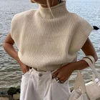 Женский свитер-водолазка без рукавов, однотонный вязаный пуловер с подплечниками, белый Повседневный джемпер, весна Свободный жилет, 2021