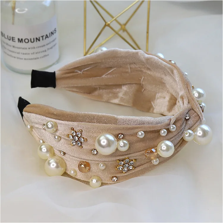 

Handmade velour Fabric Wide Hairbands Luxury Pearl Rhinestone Beading Women Hair Jewelry Fashion Party Headband Hair Accessories