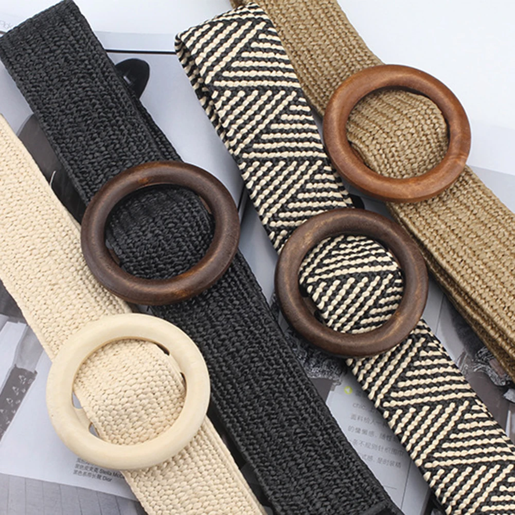 

Vintage Boho Braided Waist Belt Summer Solid Female Round Wooden Smooth Buckle Fake Straw Wide for Sale Luxury Brand Designer