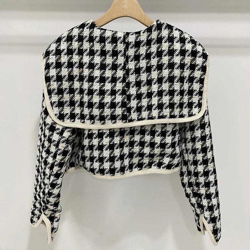 Sungtin Vintage Houndstooth Two Piece Set Women Tweed Mini Bodycon Skirt Suits Lady Elegant Cropped Jacket Plaid Korean Chic |