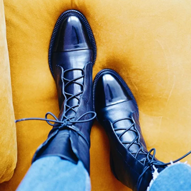 

Black Winter Motorcycle Boots Mid-calf Women British Style Lace up Boots Punk Low Heel Boot Shoes Women Plus Size