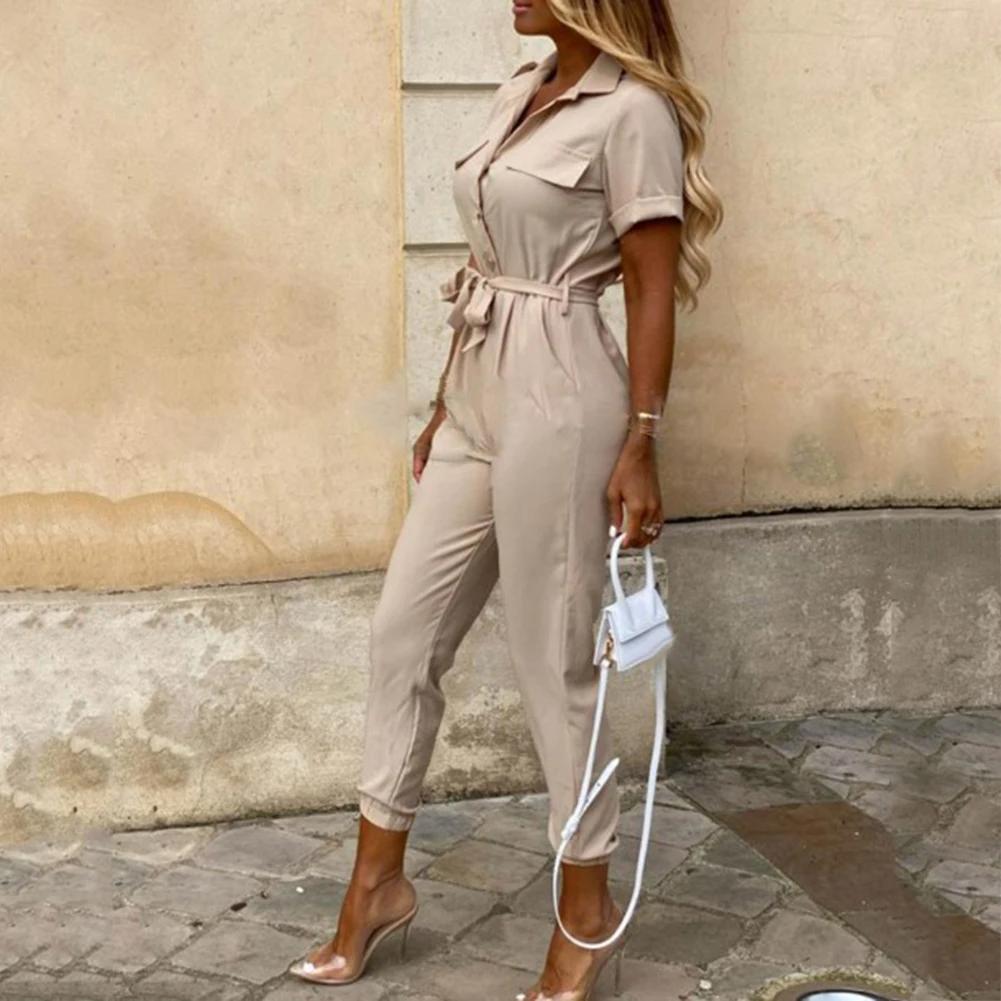 2020 Office Lady Short Sleeve V Neck Stripes Print Button Belt One Piece Jumpsuit Women's Clothing боди с длинным рукавом