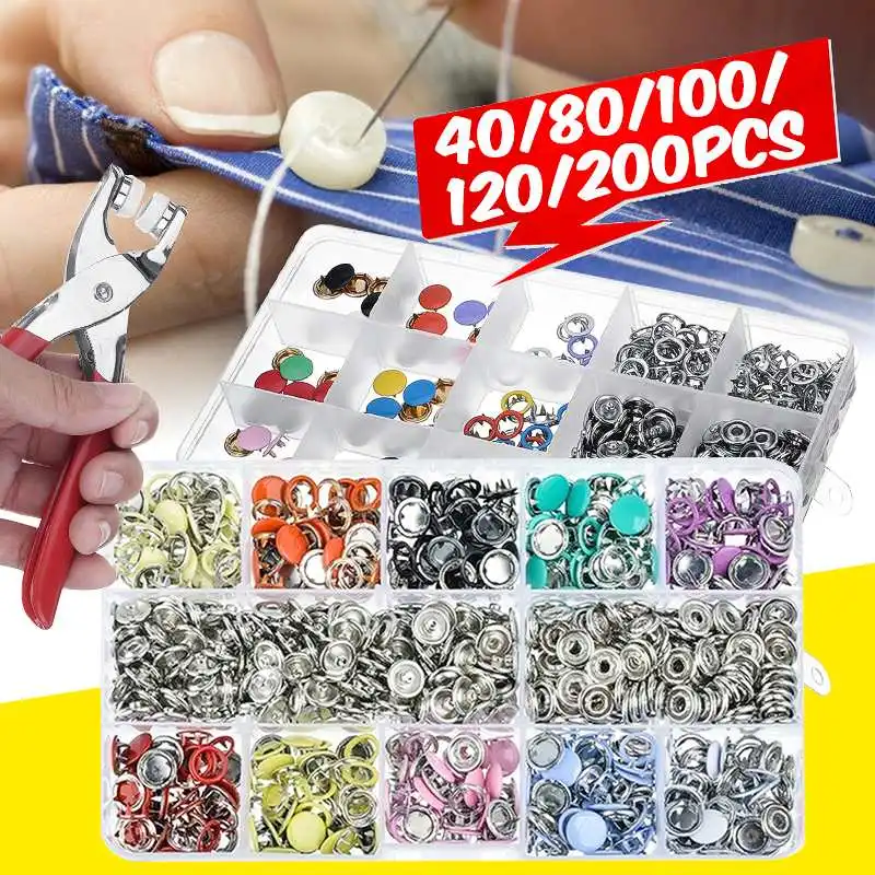 

9.5/10mm 100/200Sets Metal Sewing Buttons Prong Ring Press Studs Snap Fasteners + Clip Pliers Sewing Tool DIY Clothes Decoration