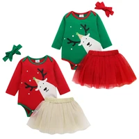 baby girls christmas dress outfits long sleeve cartoon print romper bow suspender skirt headband baby spring autumn set
