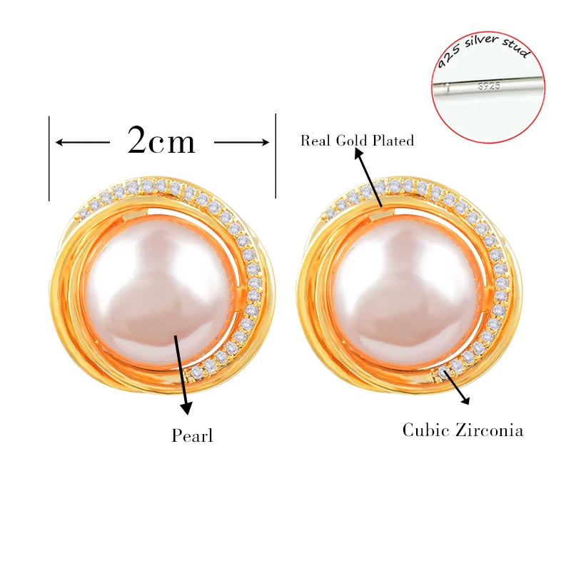 

SINLEERY Elegant Big Champagne Pearl Stud Earrings Gold Color Women Bridal Wedding Jewelry 2021 ES153 SSK