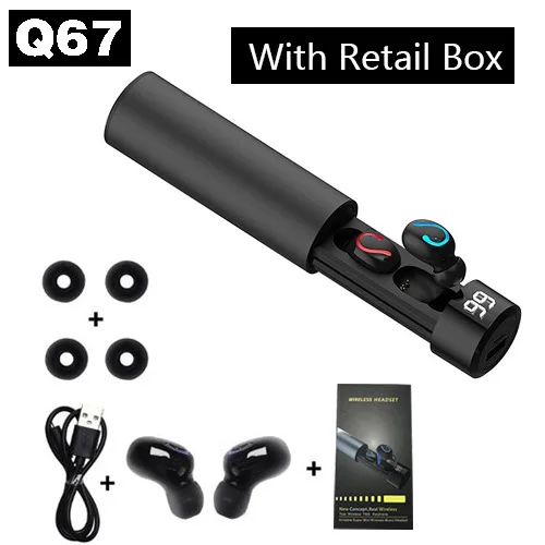 Black J type Q67 Bluetooth наушники 5,0 беспроводные гарнитуры 3D стереосистемы мини с двойным микрофоном спортивные водонепроницаемые наушники с зарядным устройством 3500 мАч - Цвет: Black J type