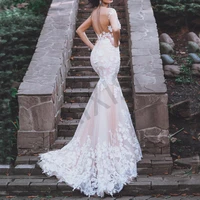 luxury wedding dresses mermaid no bra backless short sleeve bride vestido appliques scoop neck sexy illusion robe de mariee